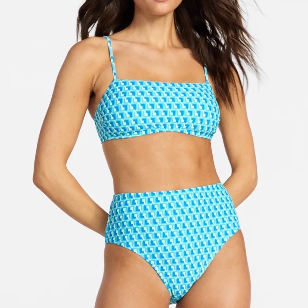 Time And Tru S(4/6) Blue Geo Print Bralette Bikini Top & Bottom High Waist NEW